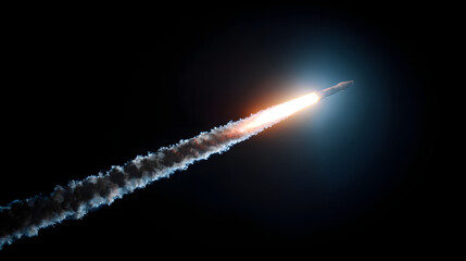 thrust. Dramatic night scene of a rocket launch, illuminated by glowing exhaust against a starry sky. STEM education sheets, lab safety posters, designed for biotech research communications.