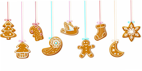 Hanging gingerbread cookies in festive shapes for a cheerful holiday display