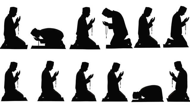 of a muslim man performing various prayer positions with rosary white white with muslim prayer and islamic Silhouette vector on whit Background