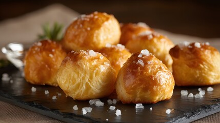 Artisan golden bread rolls with sea salt crystals on a black slate board, gourmet bakery appetizer, homemade yeast buns background