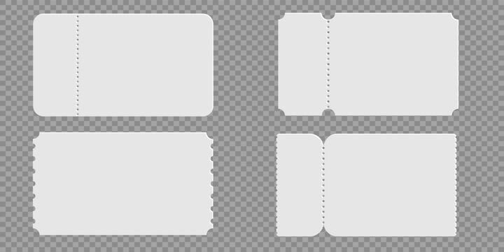 Blank ticket frames set with perforated edges for concert passes, festival tickets, lottery cards and promotional coupons in clean vector style
