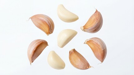 Garlic cloves, some peeled and some with skin, arranged in a circle on a white background.