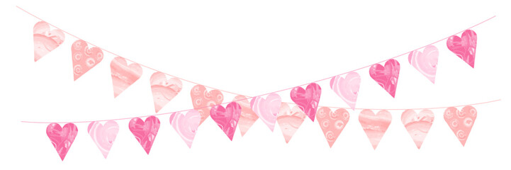 Gentle pink pennant garland with heart flag shapes hanging on string cute festive decoration for baby girl birthday celebration event isolated cartoon illustration