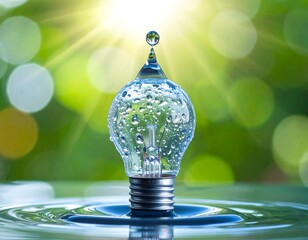 A lightbulb made of water rises from a pool, sunburst behind green leaves creates a dreamy, ethereal effect