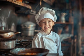 Happy child wearing chef uniform standing next to stove and cooking pan in restaurant kitchen