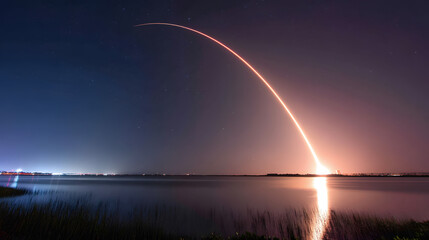thrust. Dramatic night scene of a rocket launch, illuminated by glowing exhaust against a starry sky. STEM education sheets, lab safety posters, designed for biotech research communications.