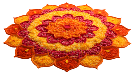 Bright oriental mandala motif featuring a colorful floral pattern with orange gerbera and pink rose blossoms isolated on a white background for a beautiful nature decoration