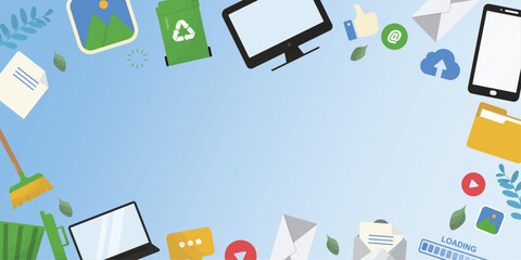 Digital declutter icons broom recycle composition banner.  Digital cleanup day banner with copy space. Green IT concept. Responsible technology. Vector illustration