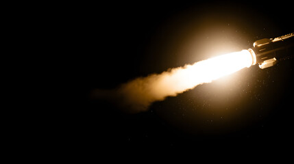 thrust. Dramatic night scene of a rocket launch, illuminated by glowing exhaust against a starry sky. STEM education sheets, lab safety posters, designed for biotech research communications.