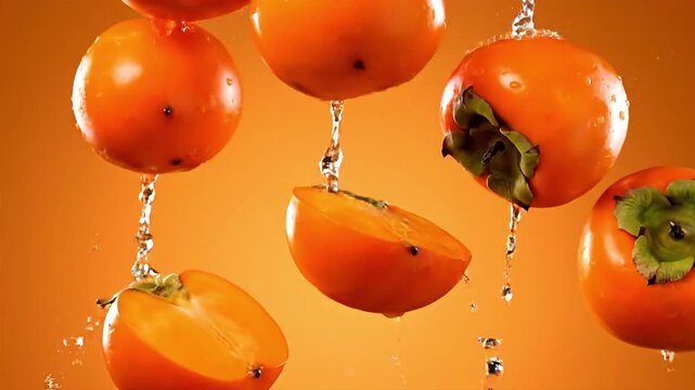 4K Slow motion persimmon fruit falling with fresh energy
