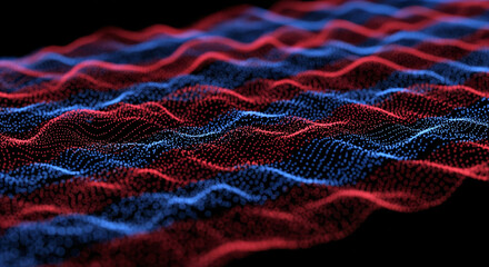 Abstract Waves of Light: A mesmerizing close-up captures a dynamic display of glowing red and blue particles. These particles undulate across a dark field.