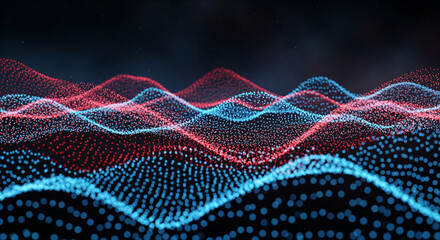 Abstract Waves of Light: A mesmerizing digital artwork features undulating waves of vibrant red and blue particles against a dark, dynamic backdrop, creating a sense of motion and energy.