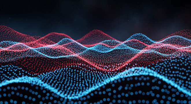 Abstract Waves of Light: A mesmerizing digital artwork features undulating waves of vibrant red and blue particles against a dark, dynamic backdrop, creating a sense of motion and energy. - Powered by Adobe