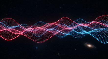 Celestial Symphony: Abstract visual of oscillating wave patterns set against a backdrop of cosmic dust and distant galaxies. A dance of energy and light.
