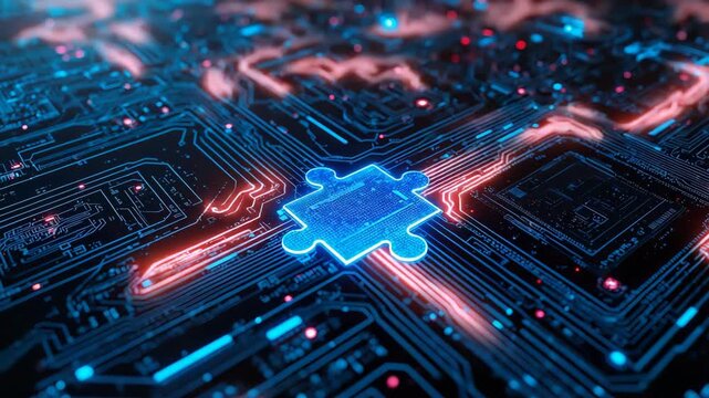 Glowing puzzle piece icon embedded in electronic circuit board with illuminated data pathways