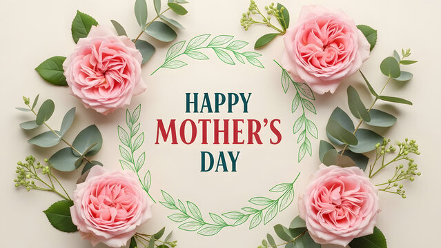 Happy mother s day greeting card with pink roses and greenery