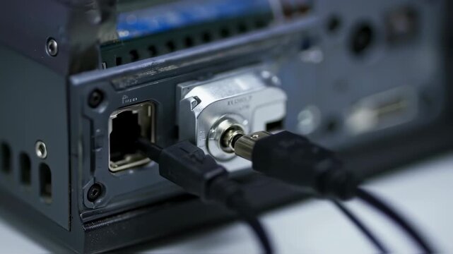 Close-up of a dark gray electronic device with various ports and cables connected