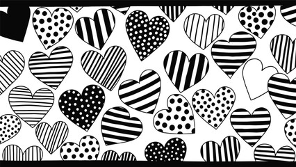 Black and white heart pattern with stripes and polka dots