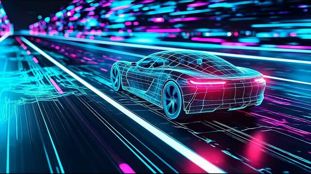 3D render holographic wireframe sports car rear view driving at high speed, neon data stream night background, racing game ghost car and autonomous virtual simulation concept video footage.
