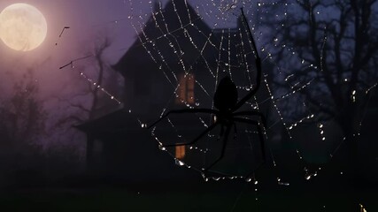 Halloween spider on a web in front of a haunted house - Powered by Adobe