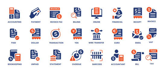 Invoice icon set. Containing receipt, bill, tax, paid, statement, accounting, transaction, barcode, financial and more. Solid vector icons collection.