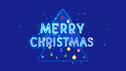 Merry christmas neon sign with christmas tree outline and colorful ornaments on a dark blue background