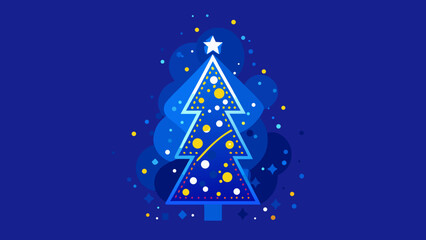 Stylized christmas tree with star and ornaments on dark blue background with festive decorations around it