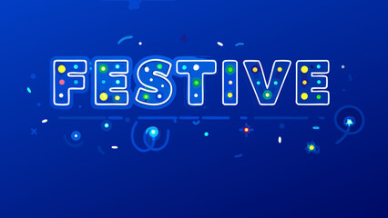 Festive text with colorful dots and white outlines on a blue background with confetti and light effects