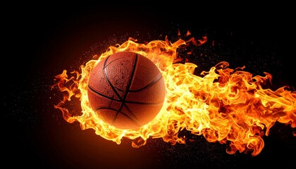 Fototapeta premium A burning basketball sphere engulfed in orange flames and hot smoke creates a high-energy sport art symbol of heat and light against a dark design background