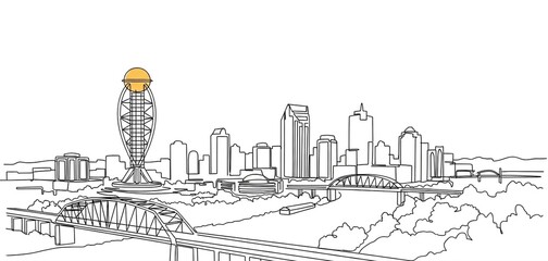 Obraz premium Cityscape Sketch with Prominent Tower in Modern Urban Landscape with Golden Accent in Line Art Style for Architecture Design