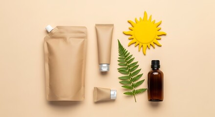 Natural skincare and sun protection products with botanical elements on neutral background
