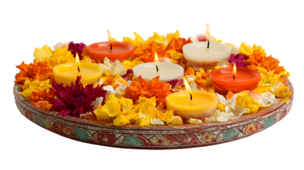 A beautiful holiday decoration featuring fresh flowers and candles in a bowl arranged with autumn leaves and fruit for a healthy breakfast or spa dinner light