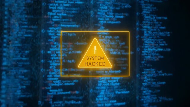 Warning alert message showing system hacked notification over blue digital code background