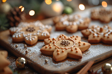 Christmas gingerbread star and snowflake cookies on festive background with lights and evergreen branches.