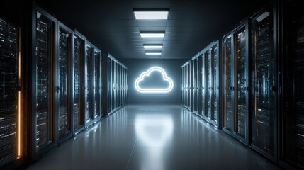 Modern Data Center Aisle with Glowing Cloud Computing Symbol