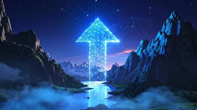 Mystical Arrow Ascends Through Mountainous Landscape at Night.