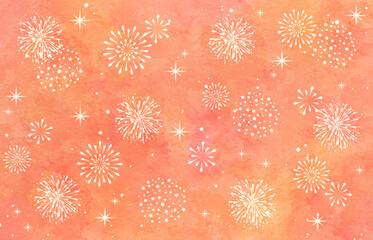 花火の背景イラスト　水彩　オレンジ　赤