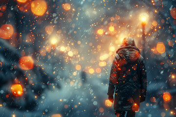Man walking down a city street during snowfall with reflections of Christmas lights creating a festive winter mood