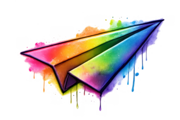 Paper plane showing vibrant rainbow colors and paint dripping, symbolizing imagination, travel, communication, and inspiration