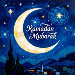 White Moon & Stars &ndash; Ramadan Mubarak (Oil Painting)
