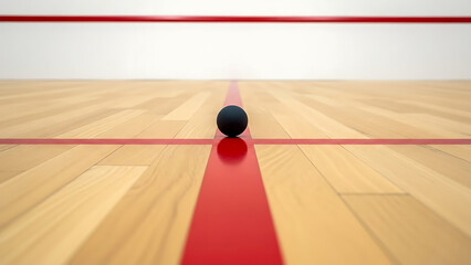 Black squash ball on wooden court floor with red lines