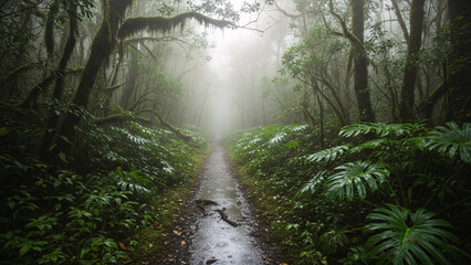Serene forest pathway surrounded by lush greenery in foggy atmosphere  