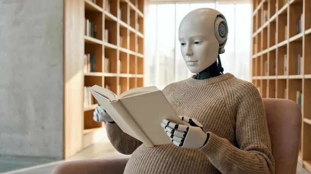 Pregnant robot reading book in library. Artificial intelligence with human characteristics in a modern setting, exploring knowledge and technology.