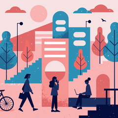 Naklejka premium Urban Abstract Cityscape with People Walking, Cycling, and Working Outdoors