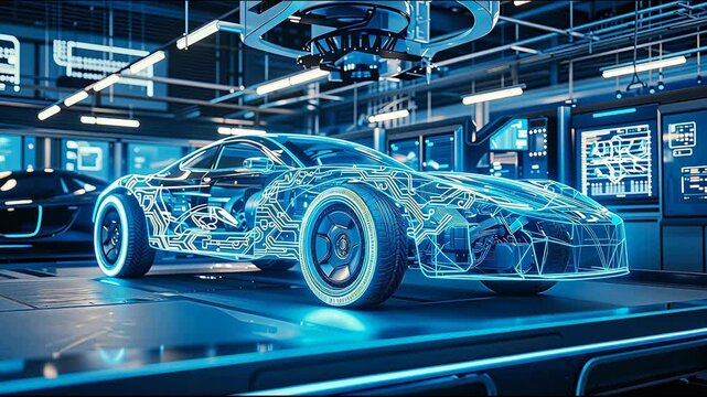 3D render automotive chassis structure additive manufacturing, smart factory 3D printed prototype and lightweight engineering, Industry 4.0 automated assembly production line video footage.