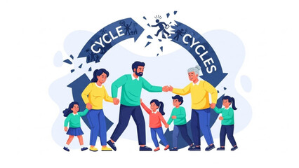 Fototapeta premium Generations of a family holding hands in a cycle representing life stages and continuity flat vector illustration