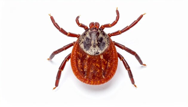 Close-up of a fully engorged female deer tick isolated on a white background, showing detail.