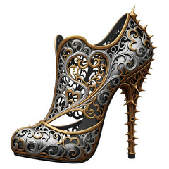 Naklejka premium Gothic Gold and Silver Filigree High Heel Bootie with Thorns and Spikes