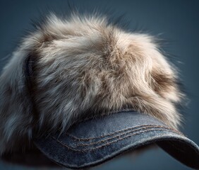 Obraz premium Furry cap, textured brim, soft light, against a blurred blue background