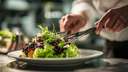 Chef hands plating fresh healthy gourmet salad